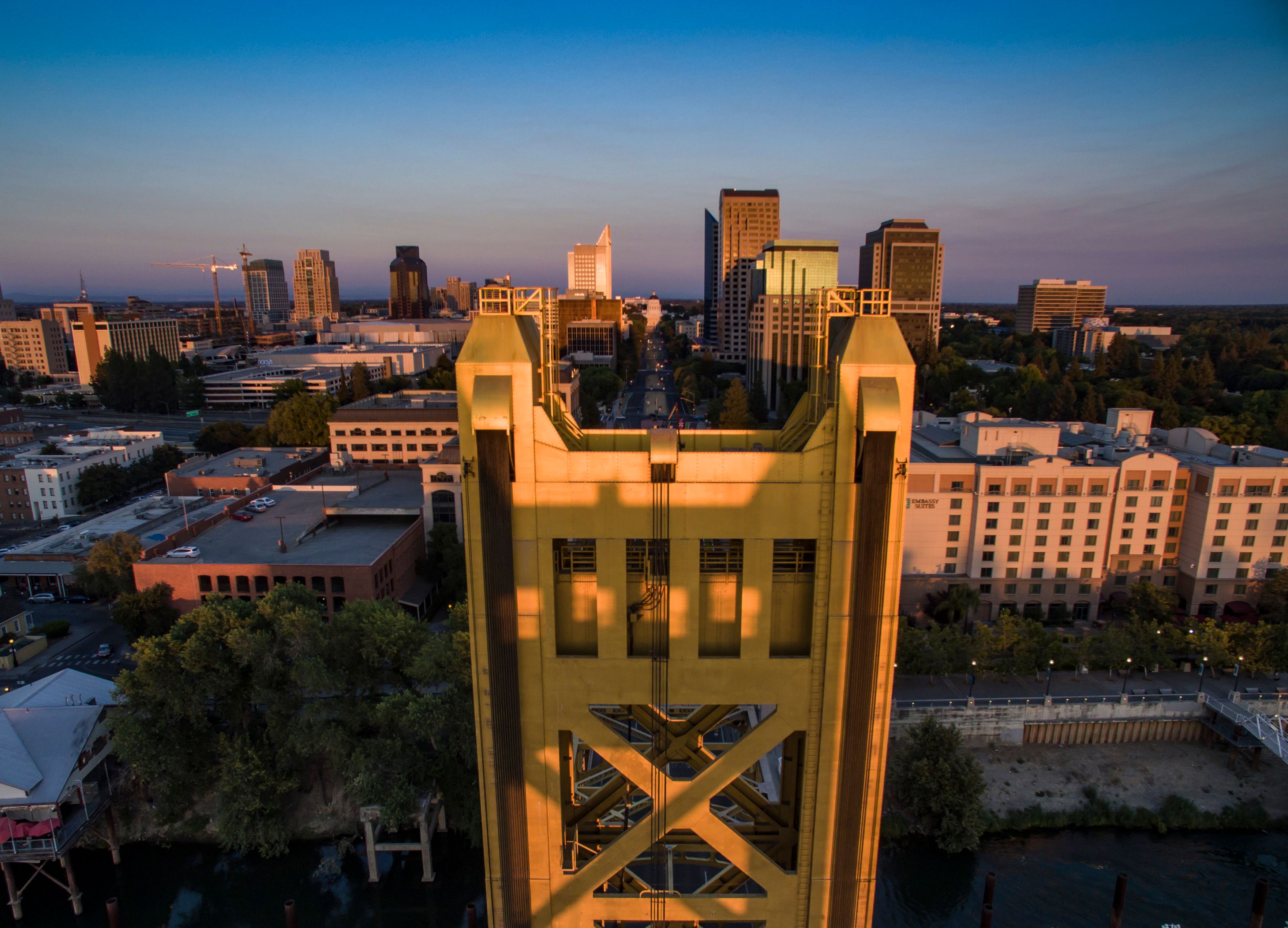 Sacramento Tower Bridge at Sunset Aerial View · Free Stock Photo