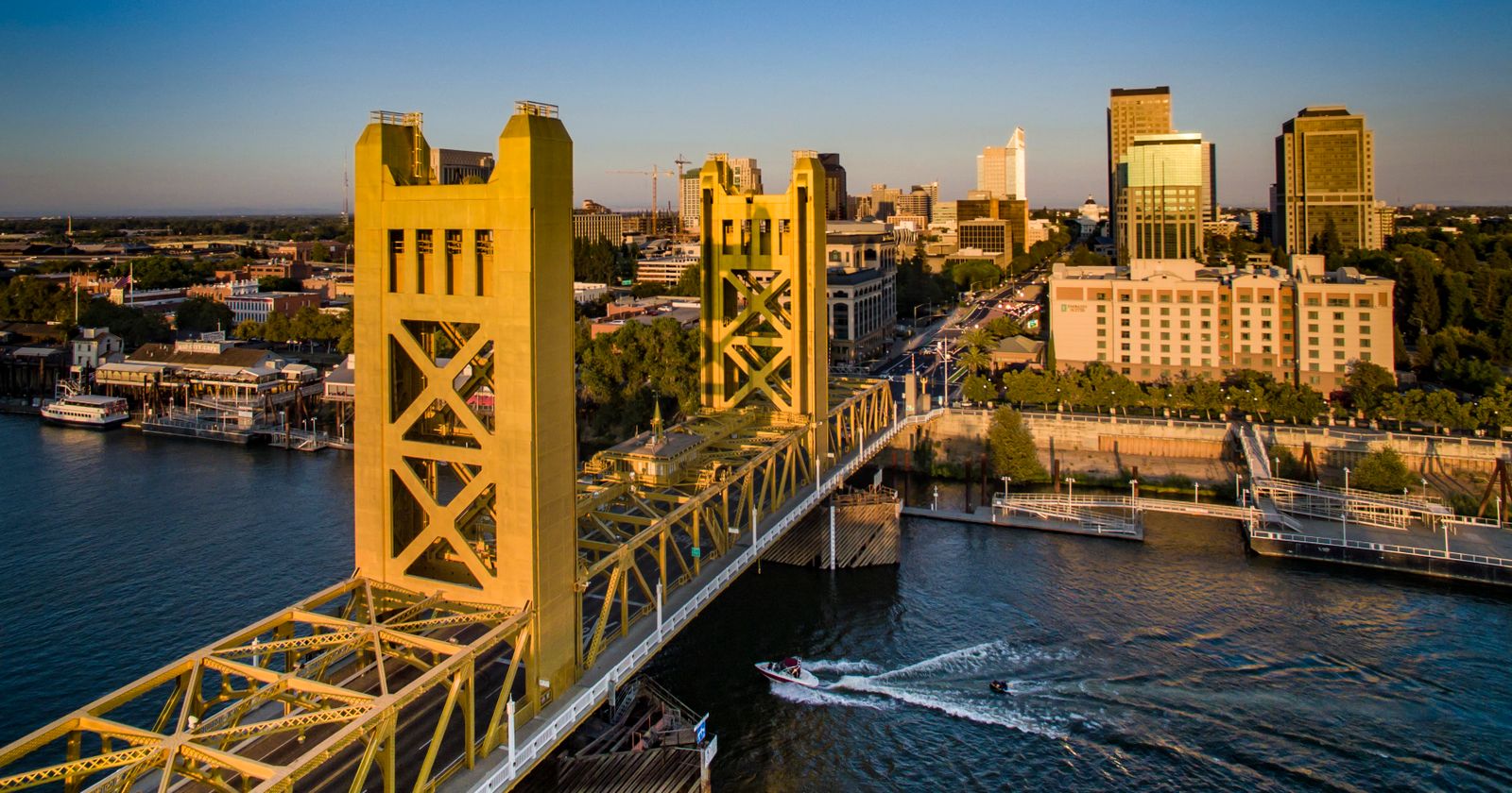 Sacramento skyline with the Tower Bridge at sunset