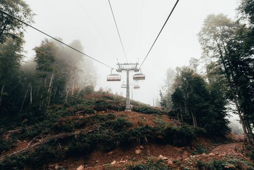 云雾缭绕的山景中，缆车穿行于森林之间，非常适合旅行和亲近自然
