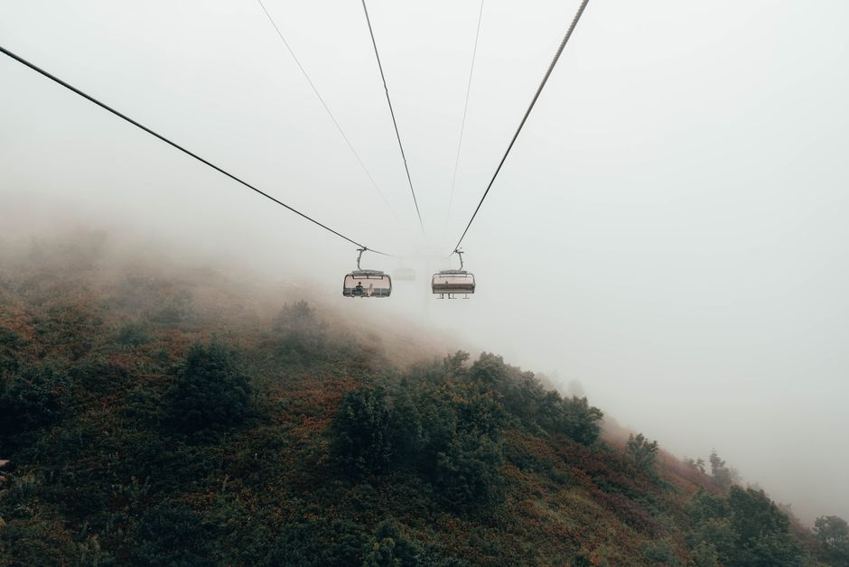 Wings of Tatev cable car soaring over a gorge towards Tatev Monastery, Syunik, Armenia