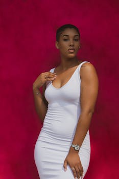 一位时尚女士身着白色连衣裙，在红色背景前自信地摆出姿势