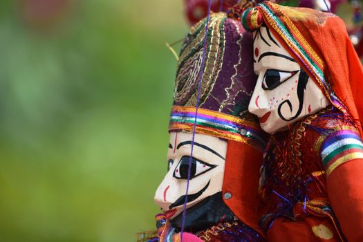 Beautiful handcrafted Rajasthani puppets photographed in New Delhi, India.