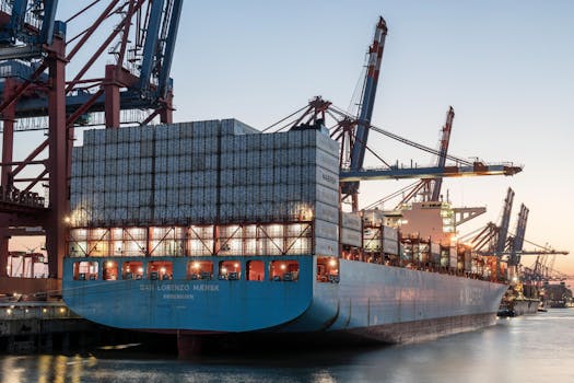 Container ship at Hamburg port during sunset, illustrating global commerce and freight transport.
