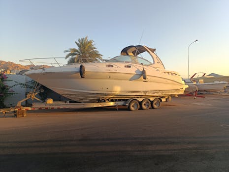 Elegant yacht on trailer at Aqaba Marina during golden hour, showcasing a serene luxury lifestyle.