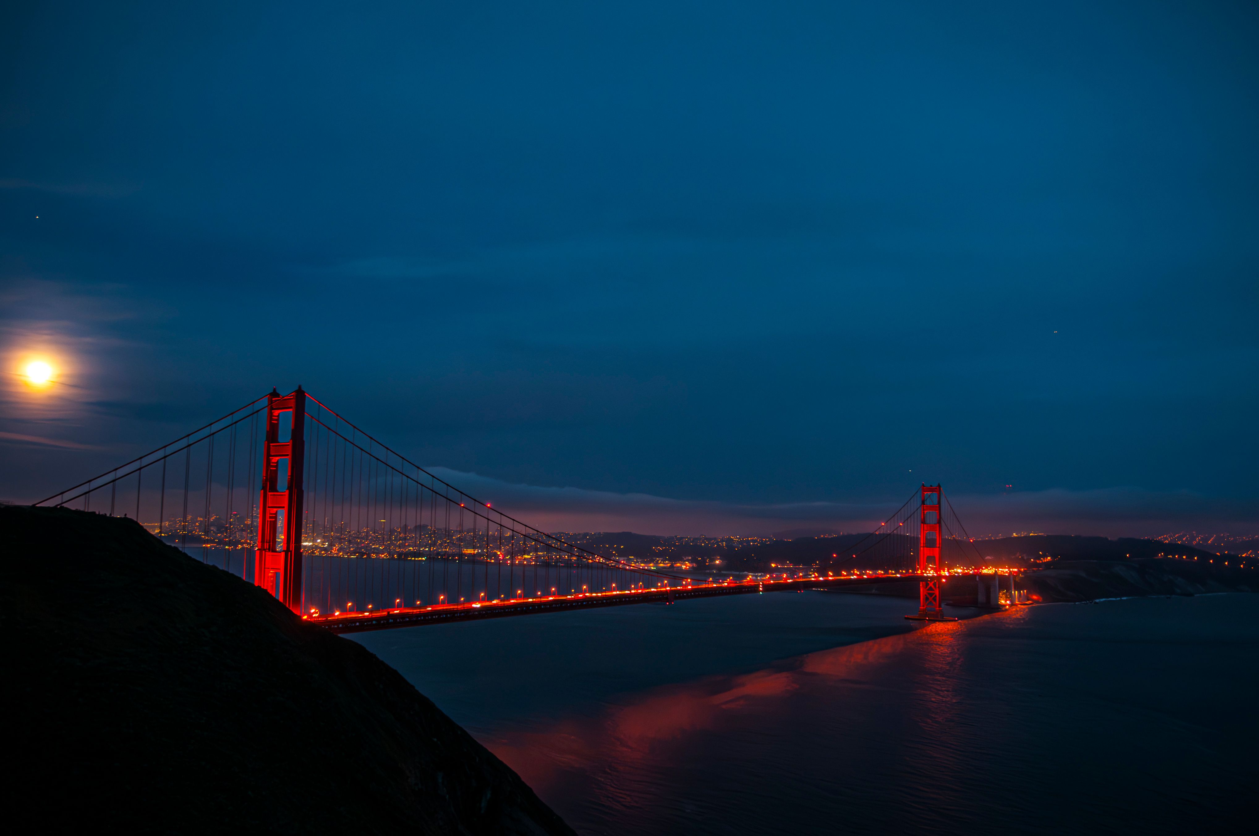 Golden Gate Bridge at Night with Full Moon · Free Stock Photo