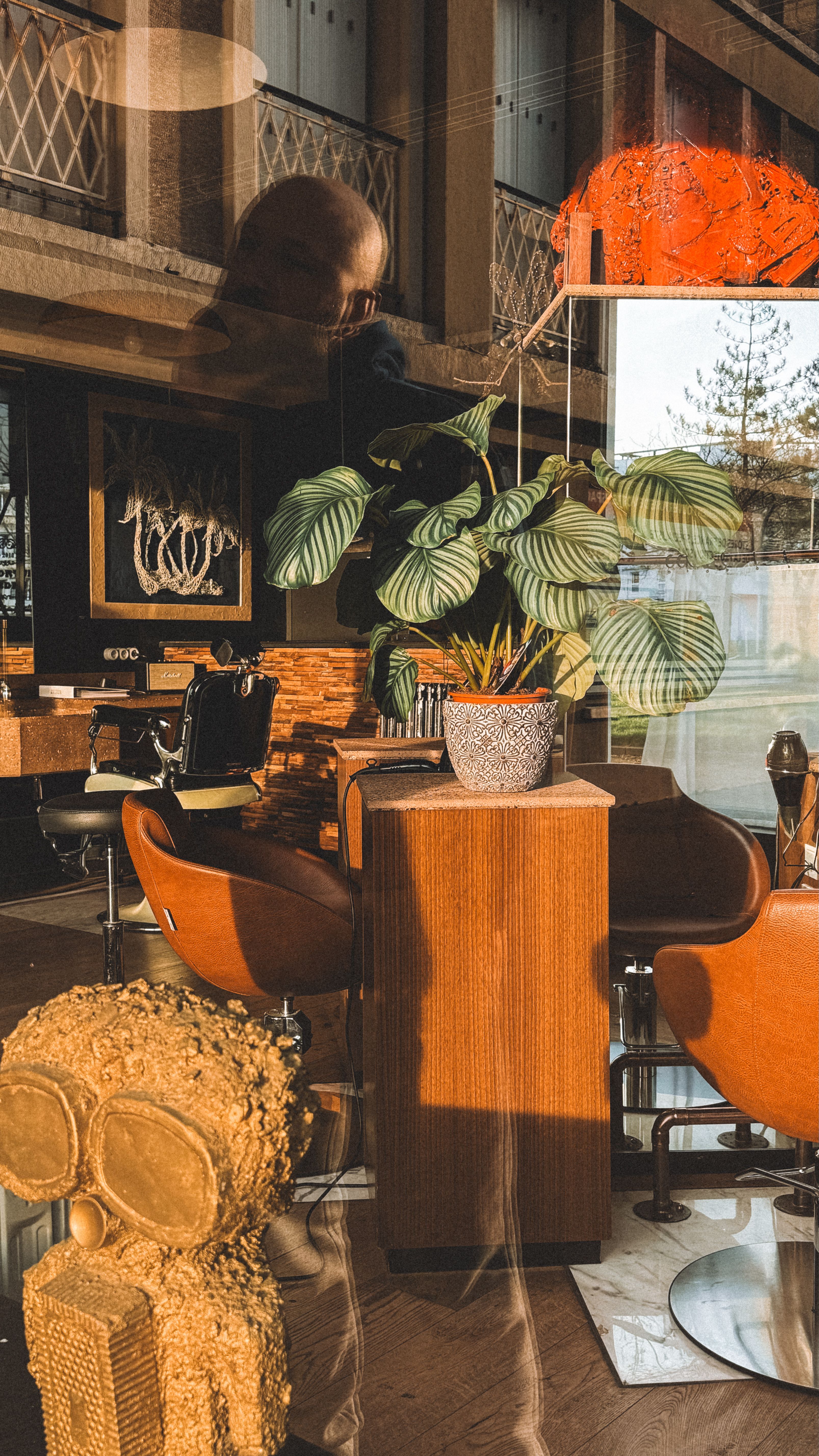 Stylish interior of a barbershop in Le Havre, Normandy with vintage decor.