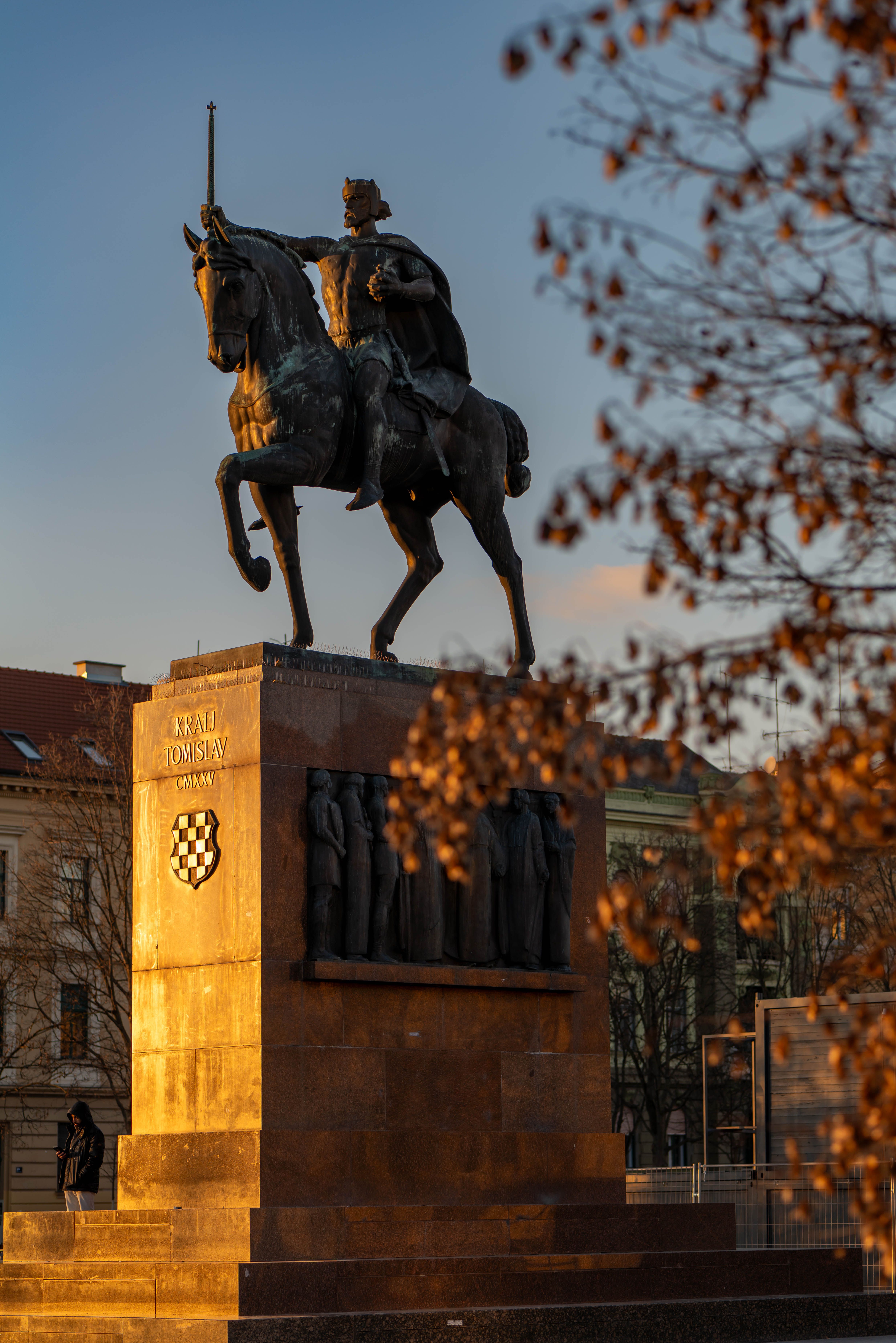 Striking sunset view of King Tomislav's equestrian statue in Zagreb, capturing the historic monument's grandeur.