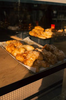 Delicious freshly baked pastries displayed in a Brno bakery showcase under warm lighting.