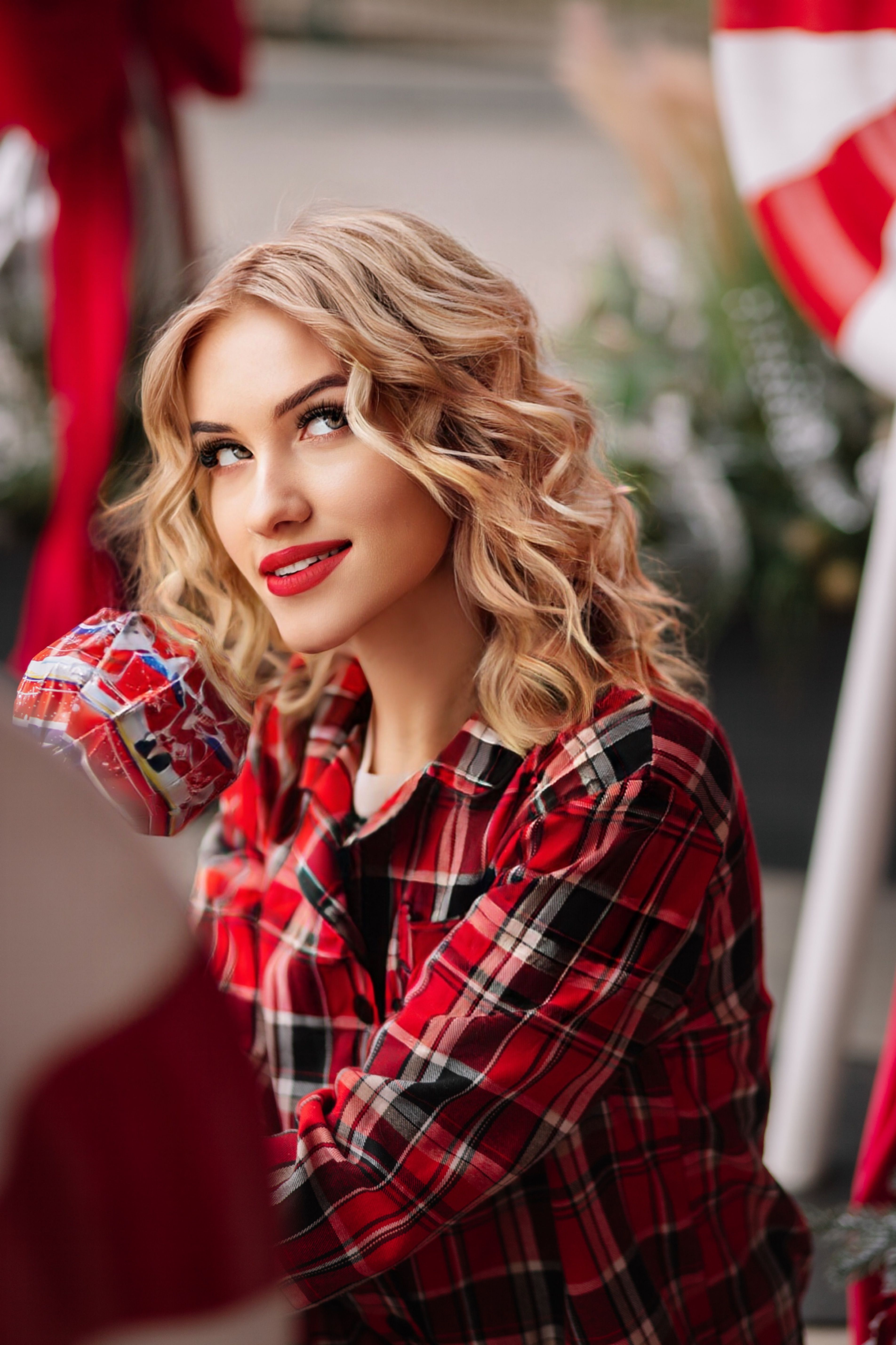 Blonde Woman In Plaid Shirt With Red Lipstick Outdoors Free Stock Photo