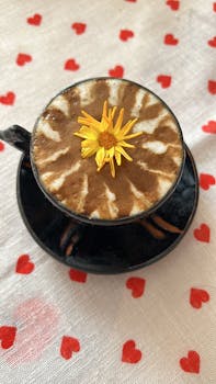 Beautiful coffee cup with intricate foam art and a flower topping, set on a heart-patterned tablecloth.
