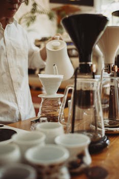 A barista skillfully pours coffee into a dripper in a cozy café setting.