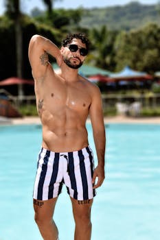 A muscular man in sunglasses poses confidently by a pool. Perfect for summer and fitness themes.