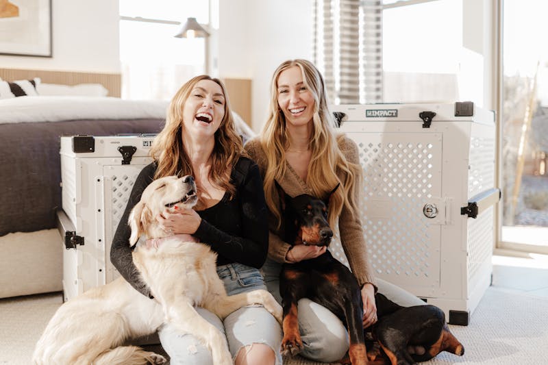 Two joyful women sitting indoors with their dogs, enjoying natural light.