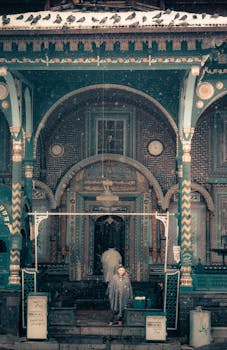 Captivating snow-covered mosque entrance in intricate architectural style.