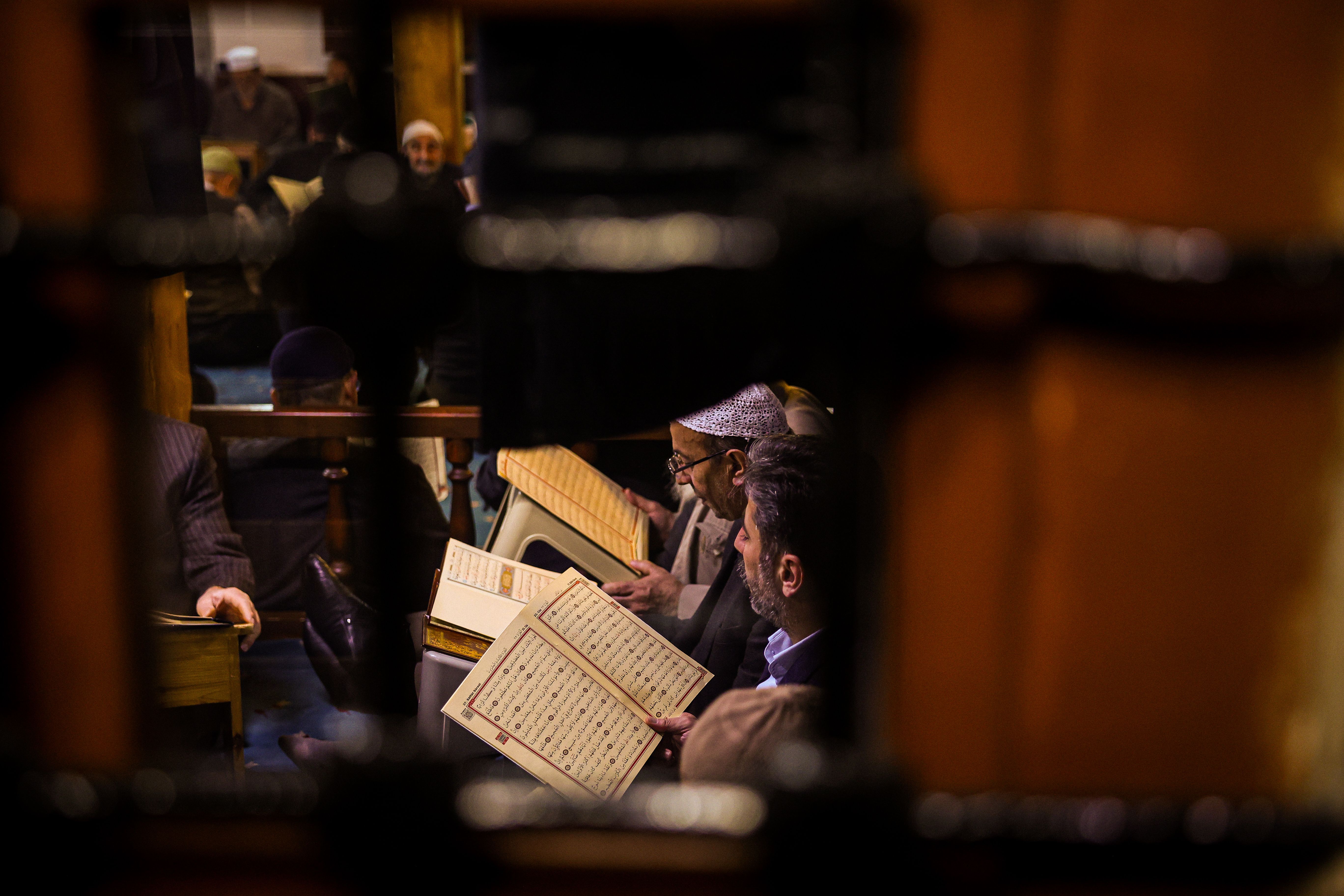 Group of men reading the Quran inside a mosque in Erzurum, Türkiye, showcasing spiritual devotion and cultural tradition.
