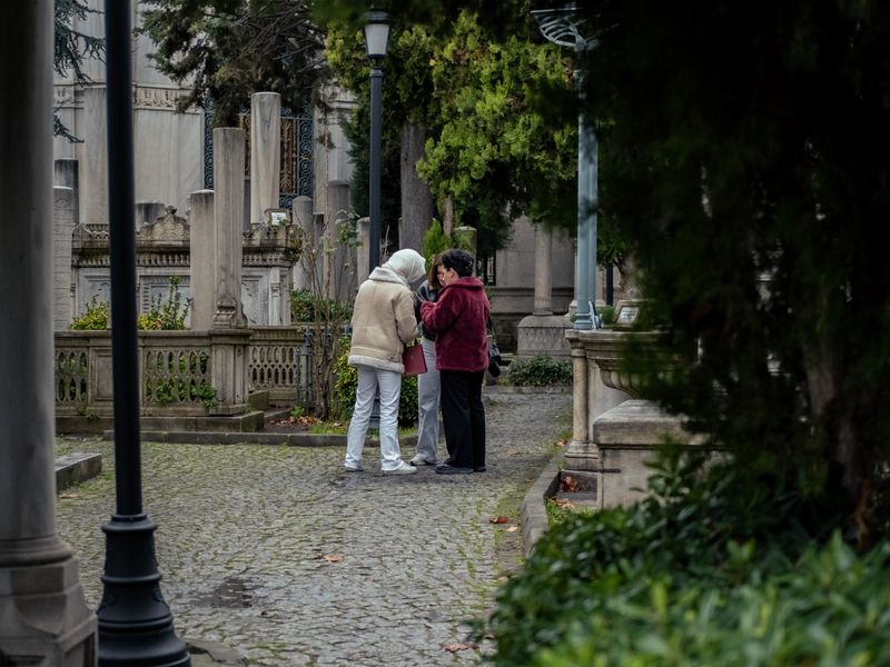 Two individuals explore a serene cemetery surrounded by nature - genealogy society outings