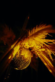 Artistic close-up of a disco ball and pampas grass, illuminated with warm golden tones.