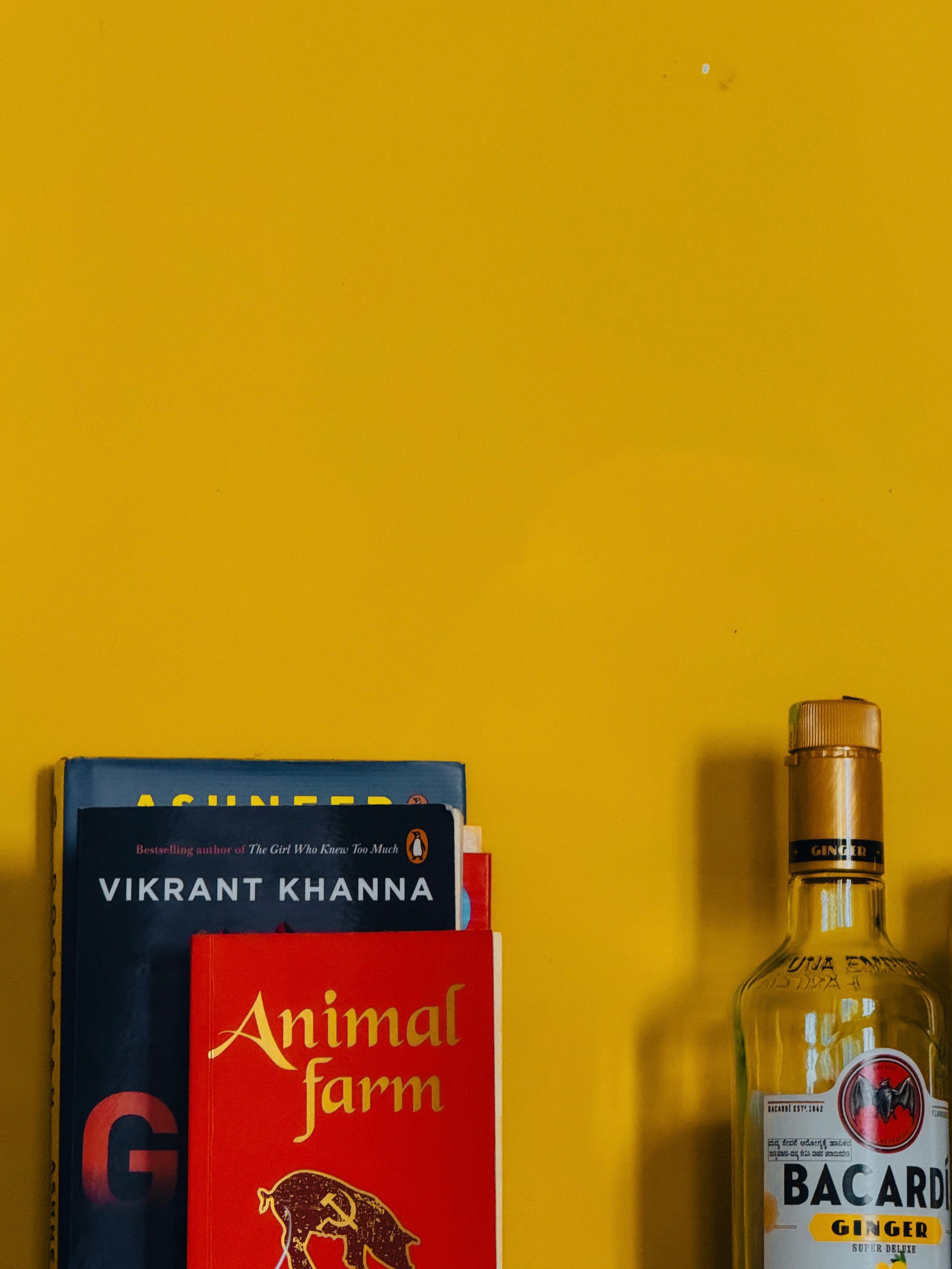 Vibrant composition of books and Bacardi Ginger bottle on yellow backdrop.