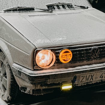 Front view of a vintage car in snow with illuminated headlights and a Hella fog lamp.
