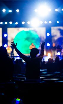 Silhouetted audience member with raised hands at a vibrant concert event.