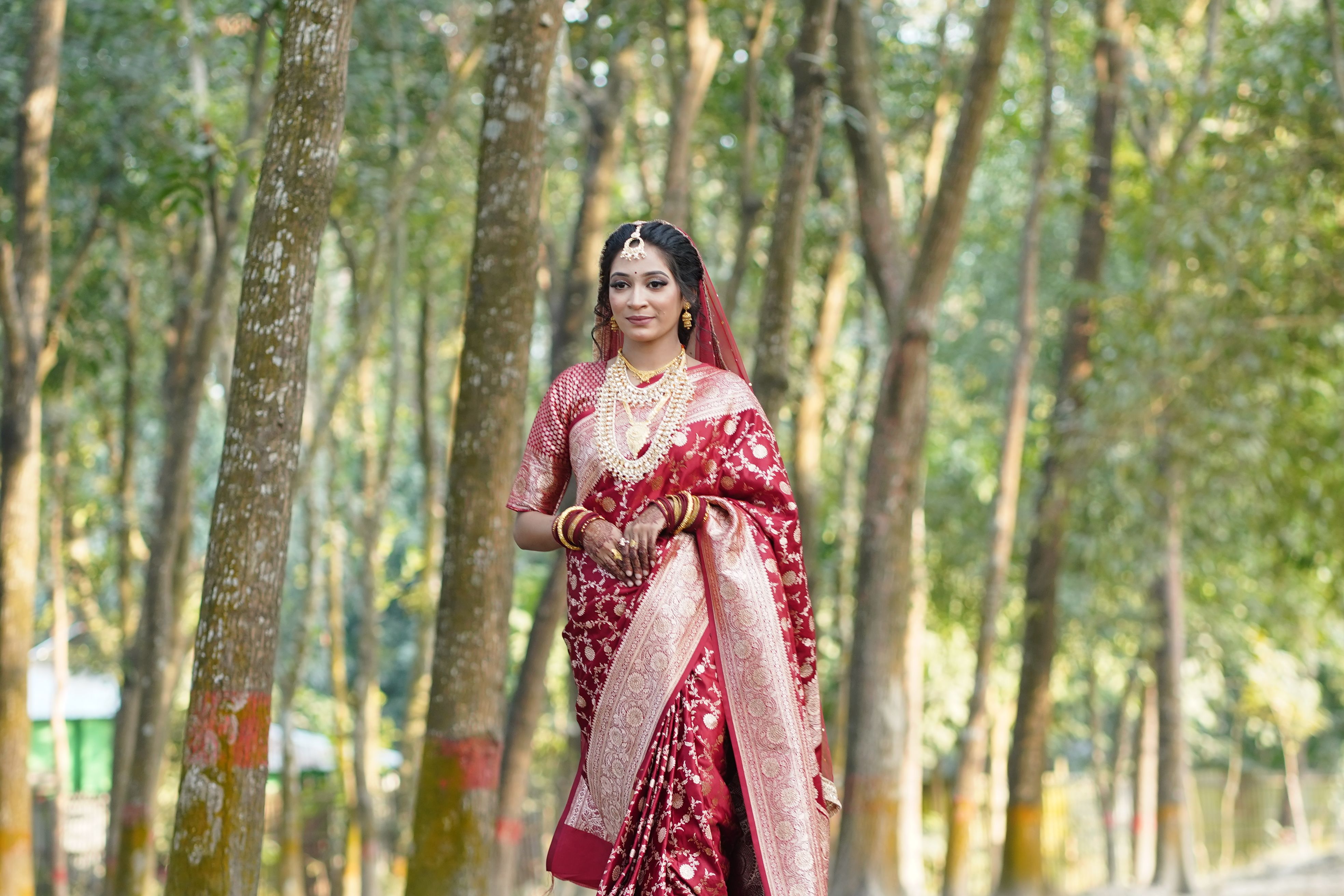 Elegant Woman in Traditional Red Saree Amidst Trees · Free Stock Photo