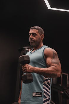Strong man in tank top lifting dumbbell in dark gym setting.