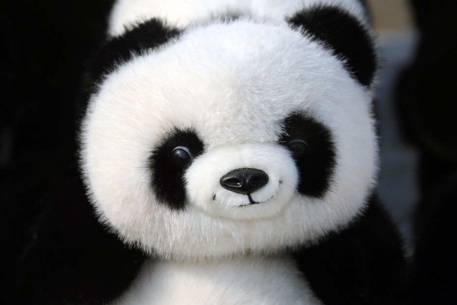 Close-up of a cute and fluffy panda plush toy, perfect for children and collectors.