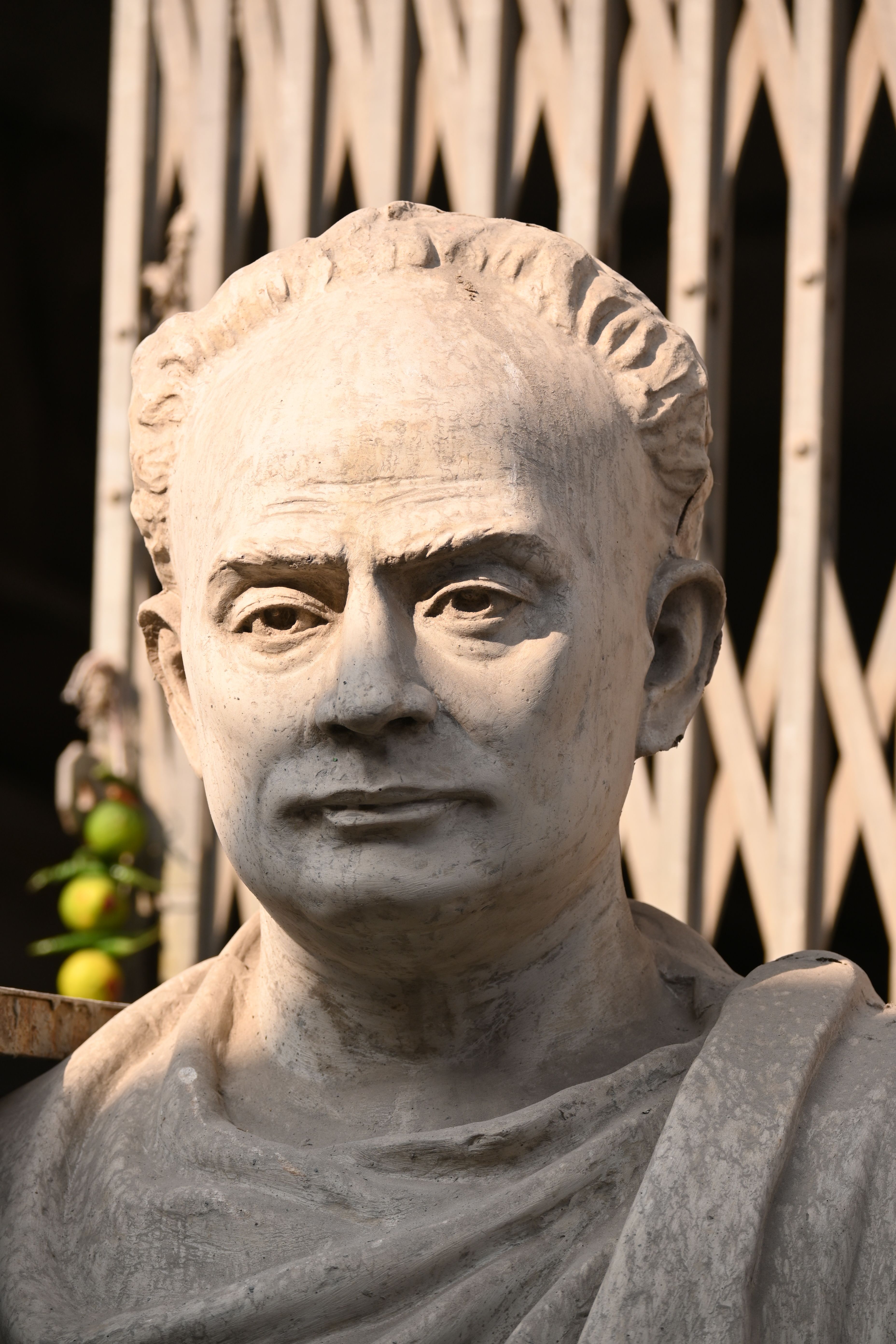 Close-up of a marble statue bust in Kolkata, West Bengal, India, showcasing intricate sculpture detail.