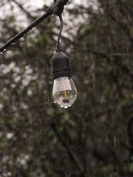 A close-up view of a light bulb covered in raindrops outdoors, creating a moody atmosphere.