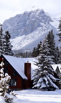 Cozy cabin nestled in snowy forest with mountain backdrop in winter wonderland setting.