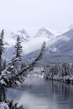 A serene winter scene featuring snow-covered mountains and pine trees by a calm river.