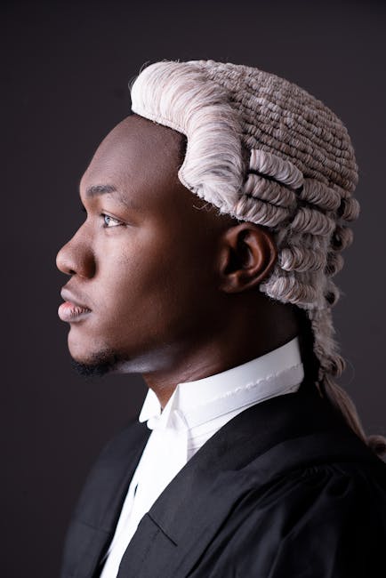 Side profile of a barrister wearing a white wig and black robe against a dark background.