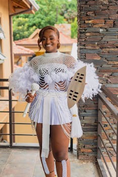 Smiling woman in intricate white costume holding shield and staff on balcony.