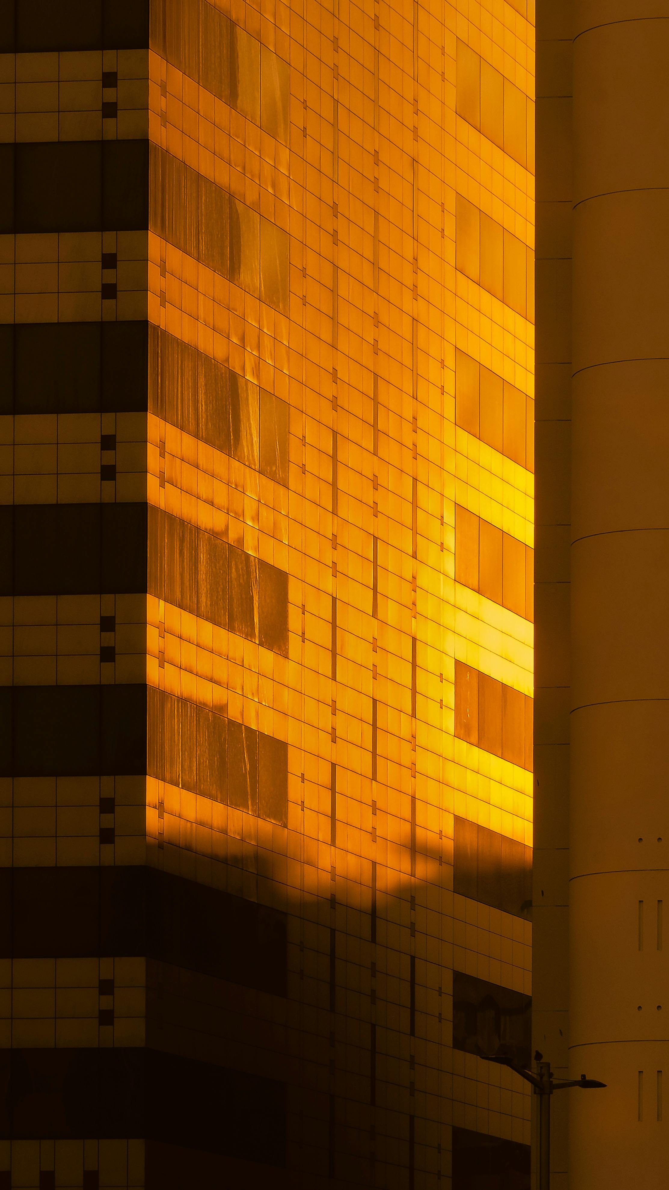 De franc La llum solar daurada dinàmica projecta reflexos a la façana d'un gratacel modern. Foto d'estoc