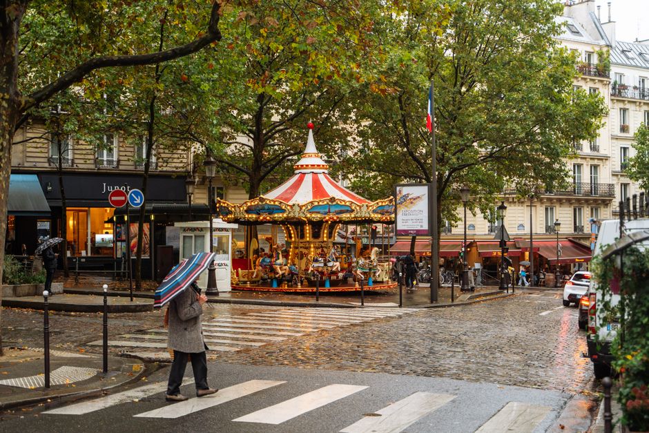 People walking with umbrellas on a rainy Paris street