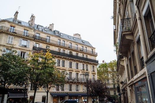 A serene Parisian street on a rainy autumn day showcasing classic architecture and green foliage.