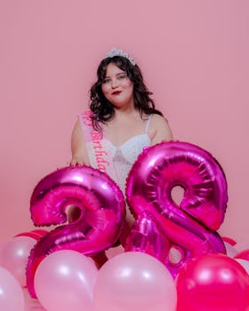 Woman celebrating her 28th birthday with pink balloons and a tiara.