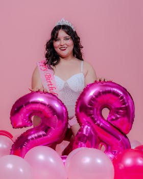 Joyful woman celebrating 28th birthday with pink balloons and tiara in Mexico City.