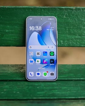 A smartphone showing various apps is placed on a green bench outdoors.