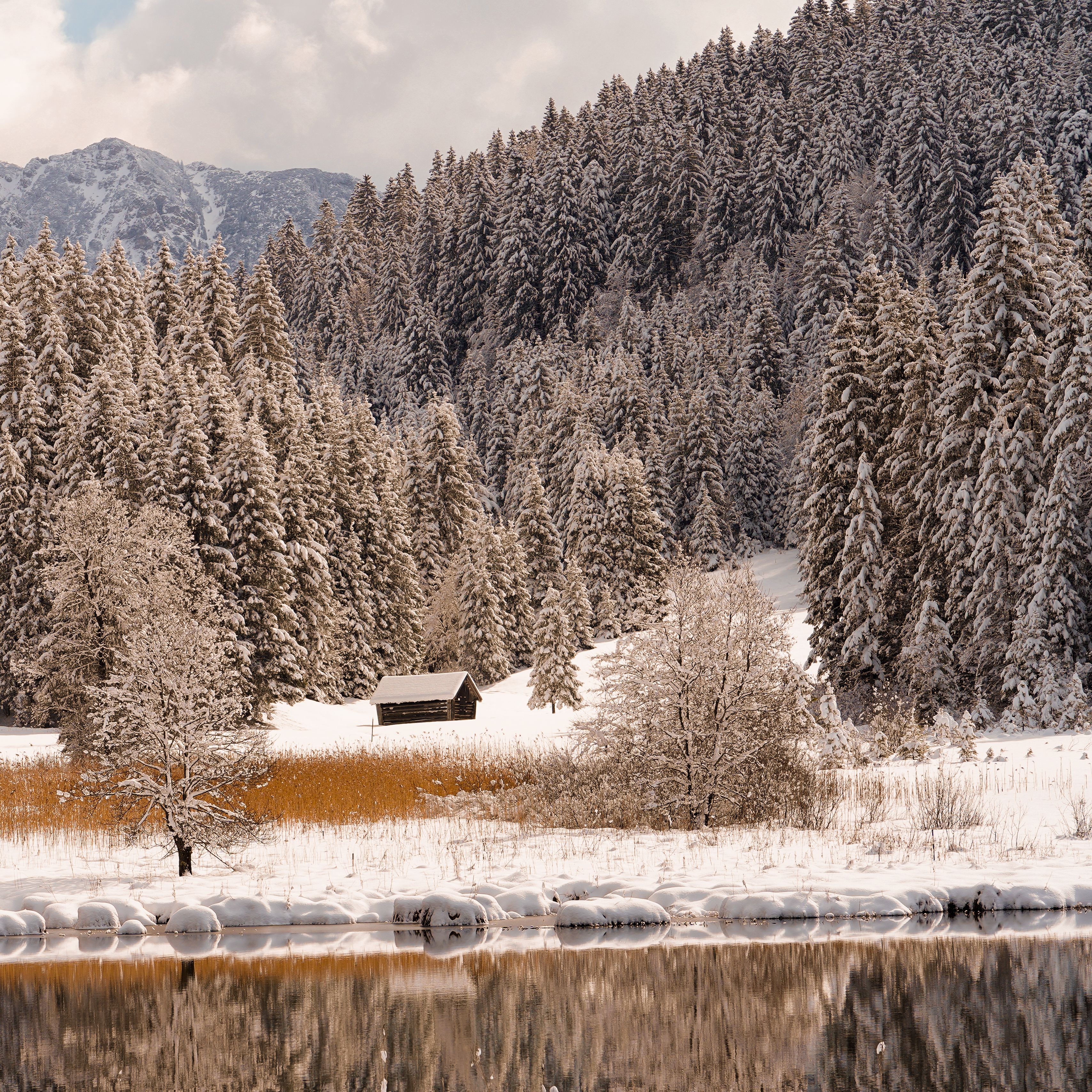 Serene Snowy Mountain Landscape with Cabin · Free Stock Photo