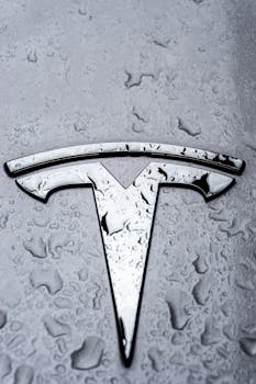 Metallic Tesla logo covered in raindrops, showcasing sleek design.