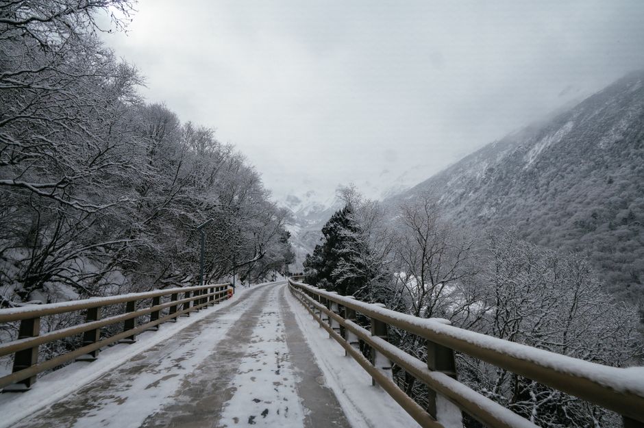 Snow-covered peaks and valleys in the Albanian Alps during winter