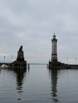 Scenic view of the Lindau Lighthouse and Bavarian Lion at Lake Constance.