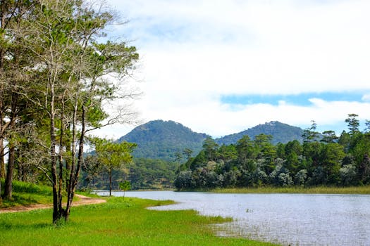 Tranquil mountain lake surrounded by lush green forests and hills under a clear sky.