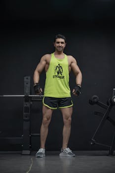 Muscular adult man standing confidently in a gym, wearing a neon tank top, amidst workout equipment.
