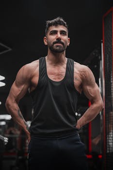 Athletic man showing strength in gym setting. Great for fitness or motivation themes.