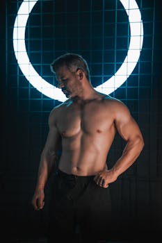 Fit man posing topless in front of a neon circle light, showcasing his muscular physique.