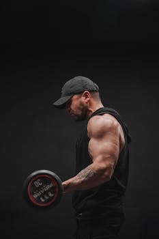 Muscular man lifting a dumbbell in a dark gym environment.