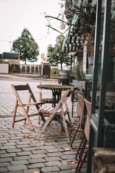鹿特丹迷人的户外咖啡馆旁，空椅子和秋叶构成了一幅场景