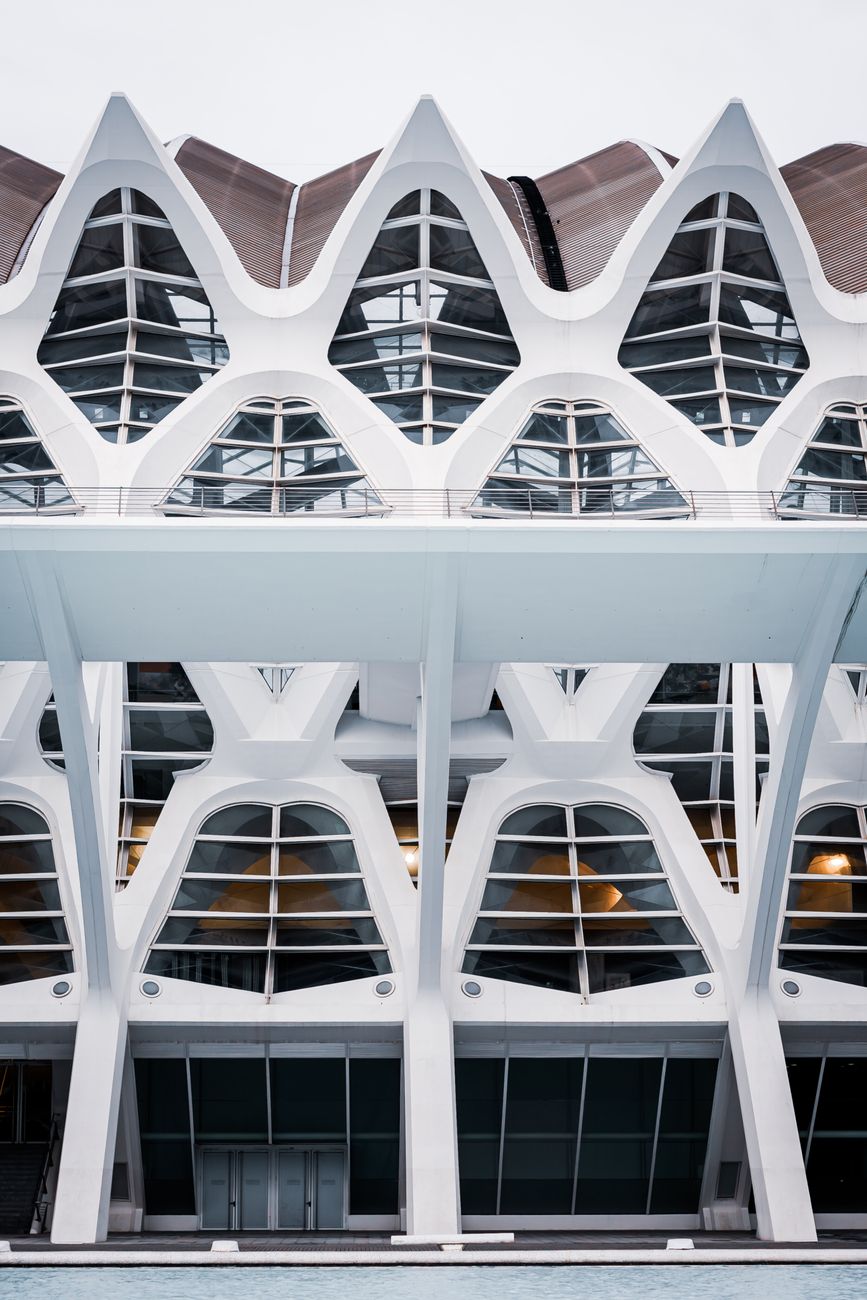 Close-up of a futuristic building with geometric patterns in Valencia, Spain.